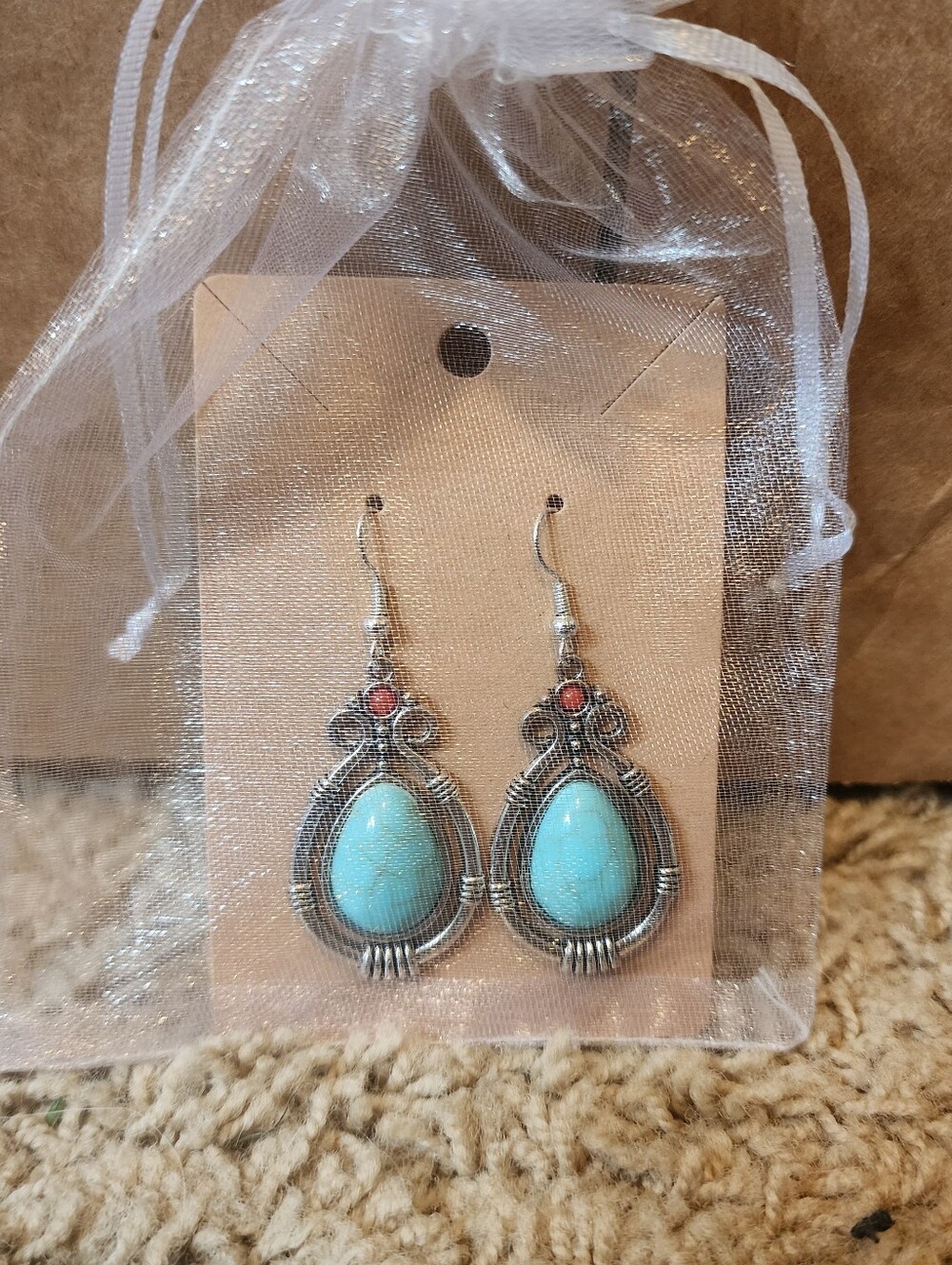 Turquoise Teardrop Dangle Earrings with Coral Accent - Women Jewelry